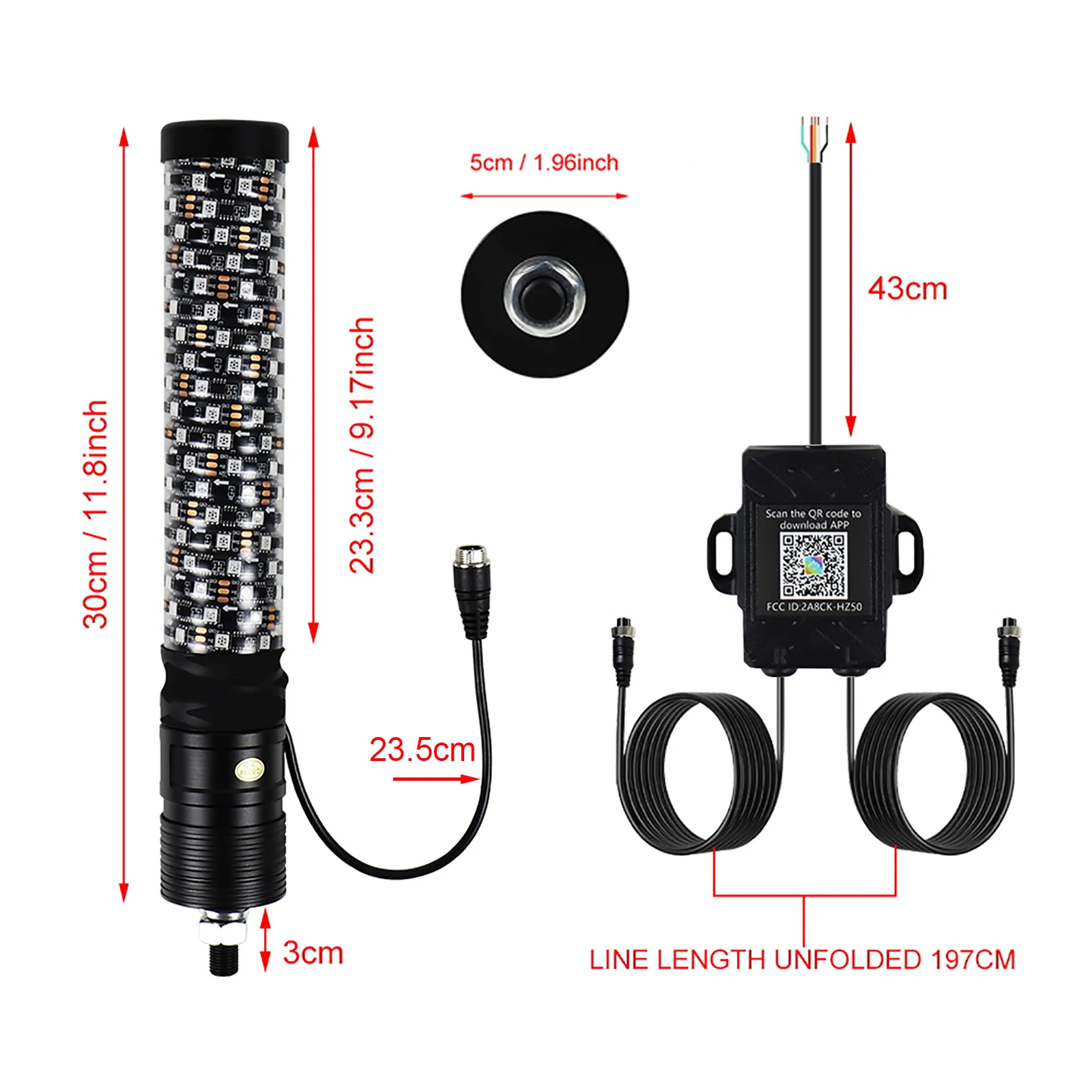 1ft RGB Whip Lights for Polaris RZR Off-Road Ruck Car 4X4 Sand Buggy Dune UTV ATV Spiral LED Whip Light App Remote Control