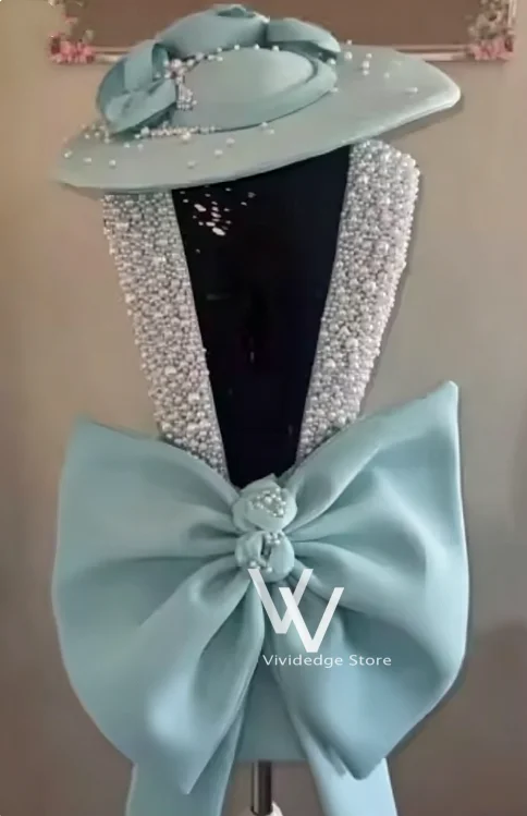 Customized Mini Beaded Cocktail Dress Luxurious Women’s V-neck Sky-blue Short Backless Bow Formal Occasions Party Dress