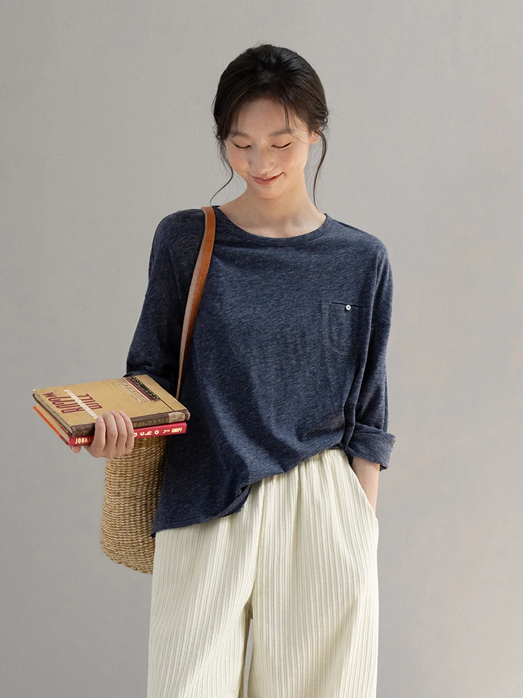 

Новая коллекция Le: хлопковая эластичная трикотажная футболка с цветочным узором, круглым вырезом и длинными рукавами, для ранней осени, цвет синий.