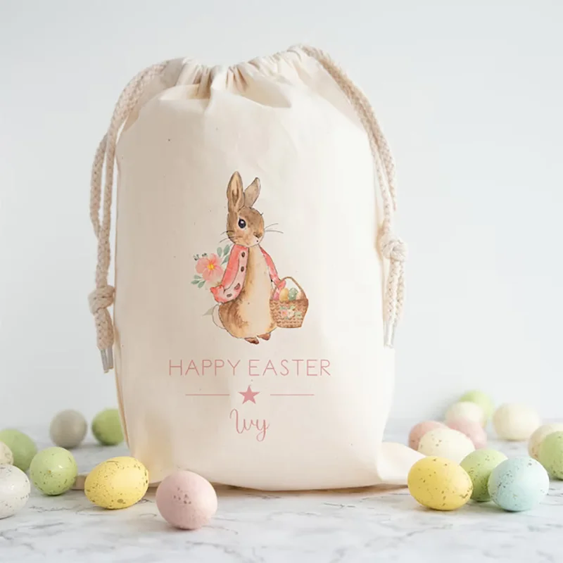 Personalised pink blue Bunny rabbit bag happy Easter party decoration Egg Hunt basket children kid boy girl gift Sack toy Bucket