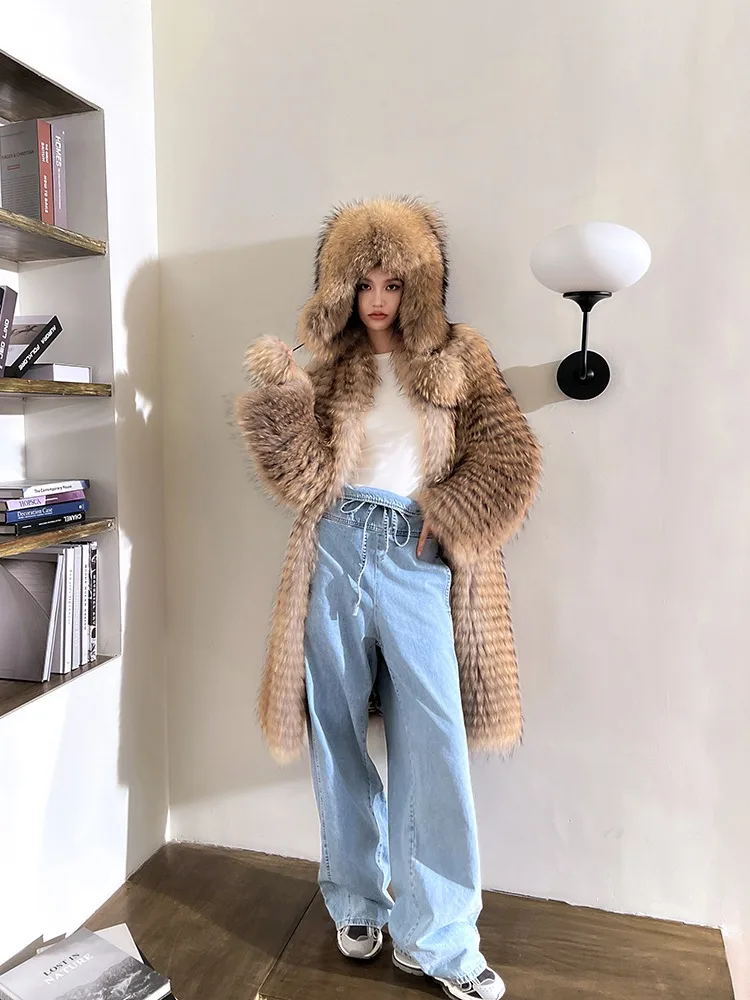 Luxury Clothes Winter New Imported Raccoon Fur Coat Women's V-Neck Natural Fluffy Fur Jacket Ladies Fashion Streetwear