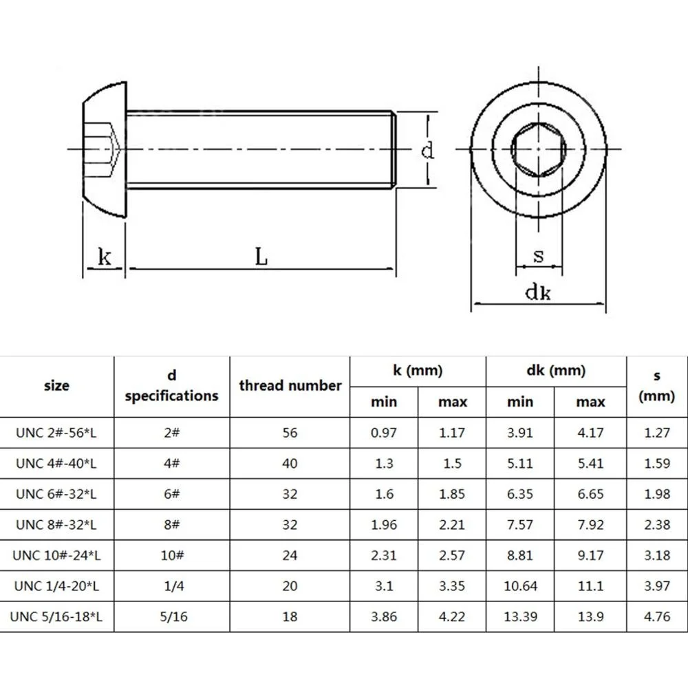 50pcs UNC 2#-56 4#-40 6#-32 8#-32 US Coarse Thread 304 stainless steel Allen Hex Hexagon Socket Button Head Screw Bolt ISO7380