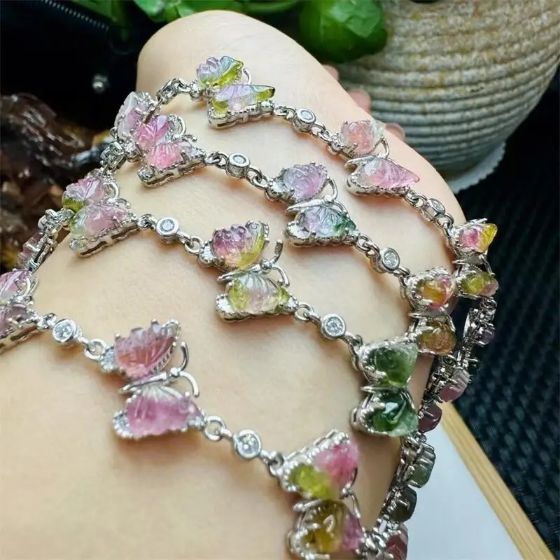 

S925 Natural Watermelon Tourmaline Butterfly Bracelet Women Reiki Healing Strand Bangles Jewelry For Female Gift 1PCS