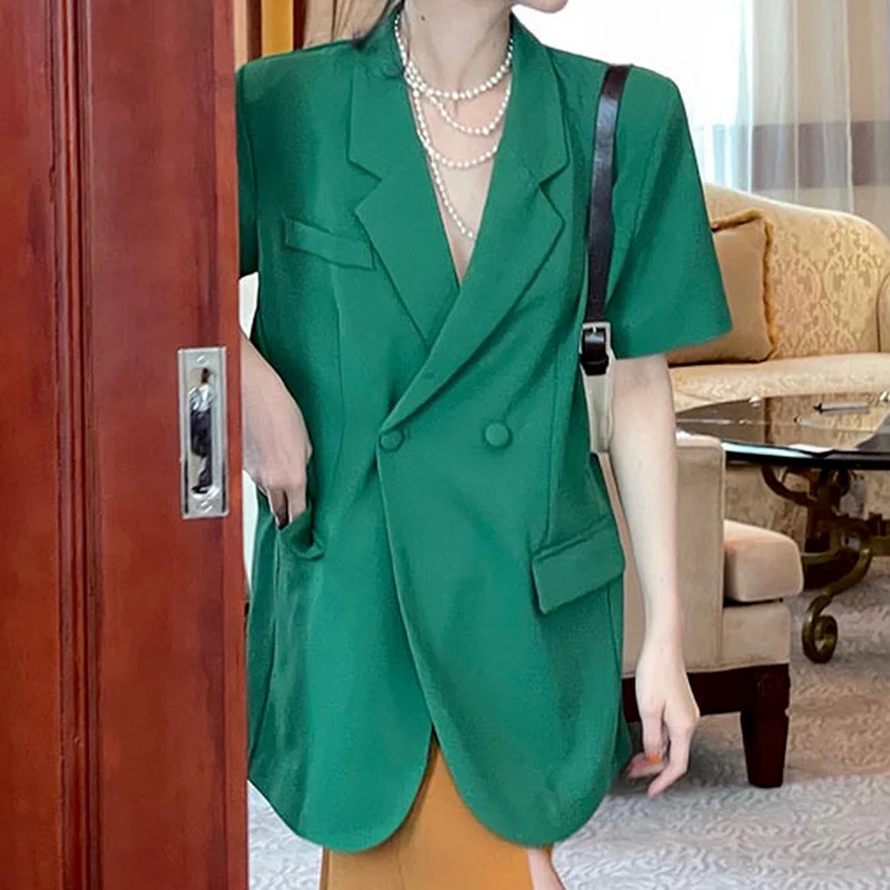 Chaqueta de traje verde de manga corta para mujer, chaqueta pequeña informal, temperamento fino, moda Retro, primavera y verano, 2021