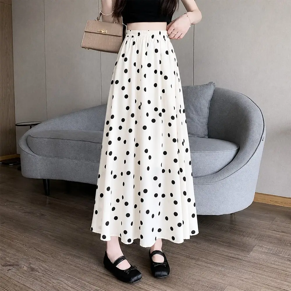 Polka Dot Polka Dot Maxi Skirt High Waist Elastic Waist Women Long Skirt A Line Lightweight High Waist Skirt Beach Vacation