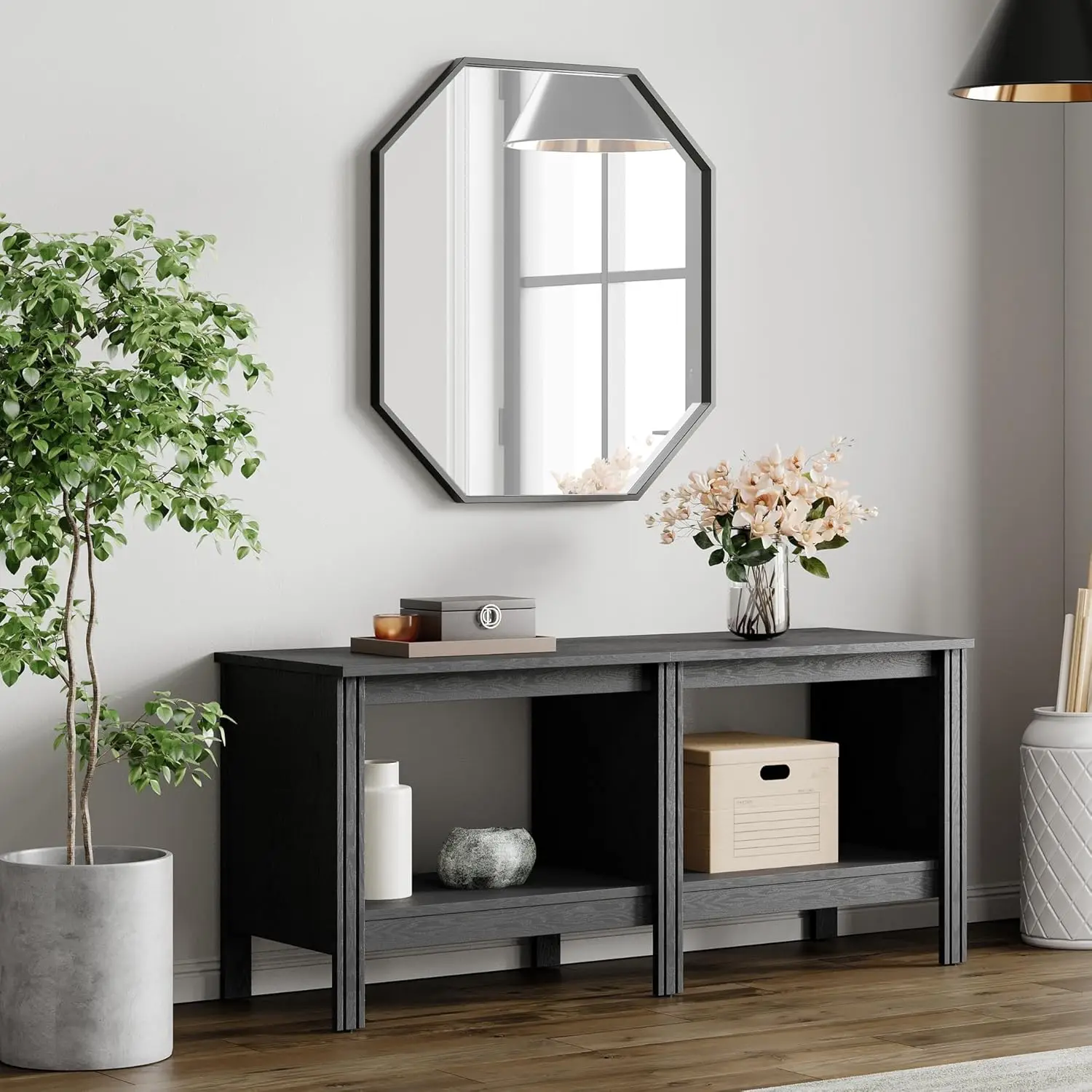 طاولة وحدة تحكم بحامل تلفزيون خشبي لأجهزة التلفاز بشاشة مسطحة مقاس 55 بوصة مع 4 مكعبات تخزين، 47 بوصة باللون الأسود لغرفة المعيشة أو غرفة النوم