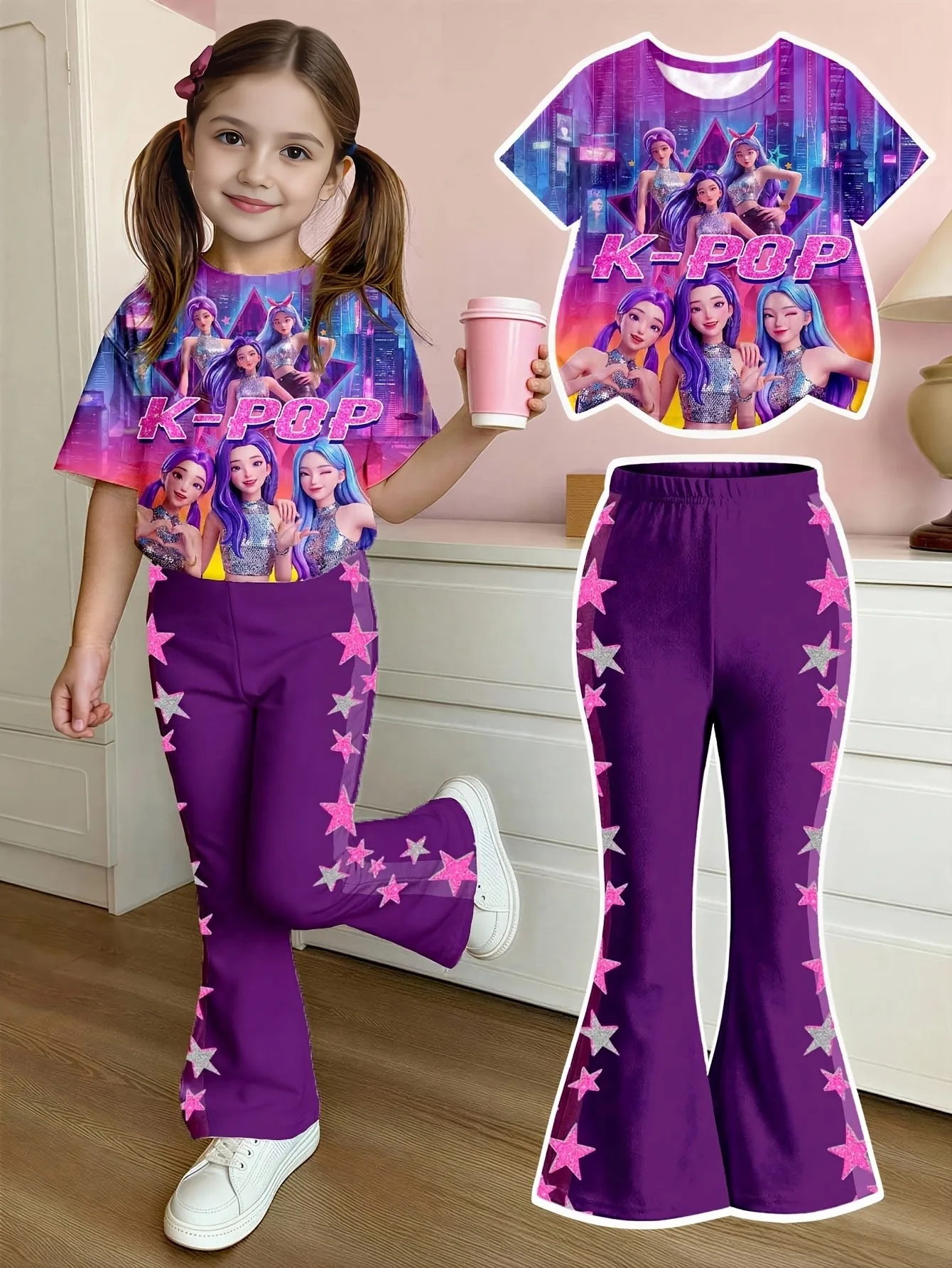Trendy Girls 2Pcs Y2K Casual Suit, Vibrant K-pop Idol Full Print Short Sleeve Top, Star Sticker Decor Elastic Waist Purple Bell-