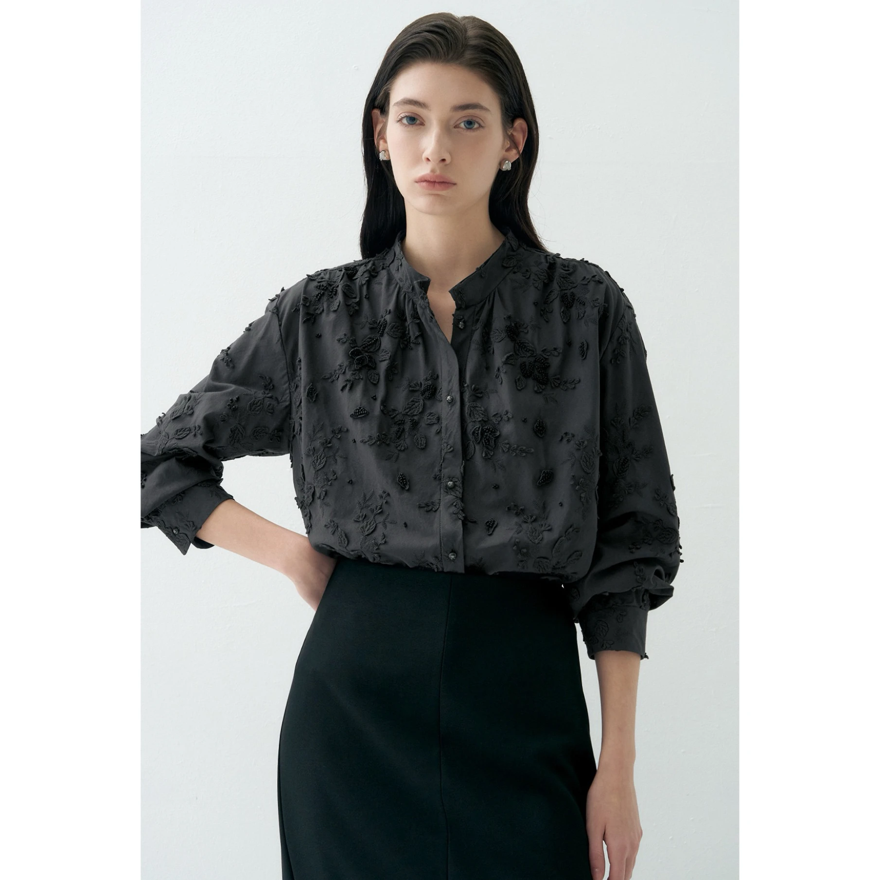 Elegant Style Cotton Shirt Embroidered 3D Flowers Versatile Commute Heavy Work Cotton 100% Breathable Long Sleeve Stand Collar