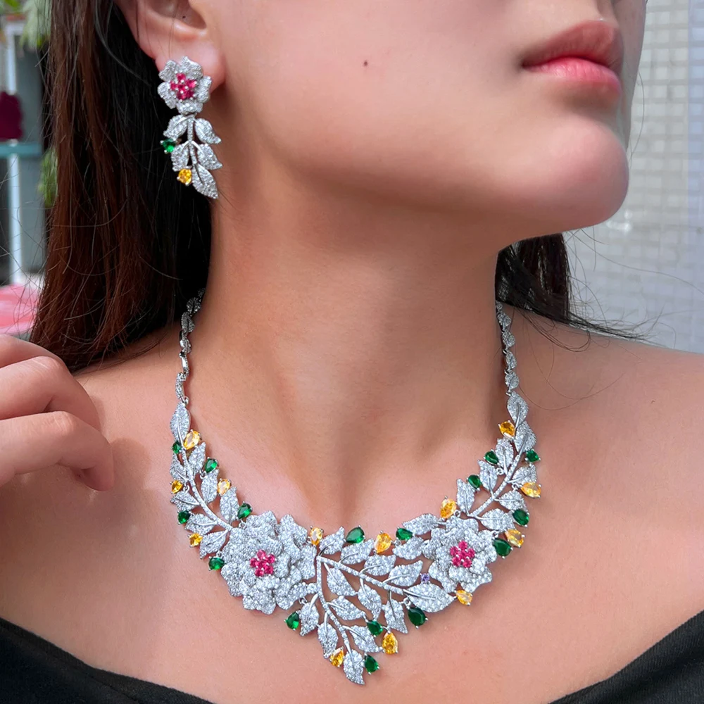 CWWZircons Luxury African Nigerican Cubic Zirconia Gold Color Big Rose Flower Bridal Wedding Necklace Earrings Jewelry Set T0637