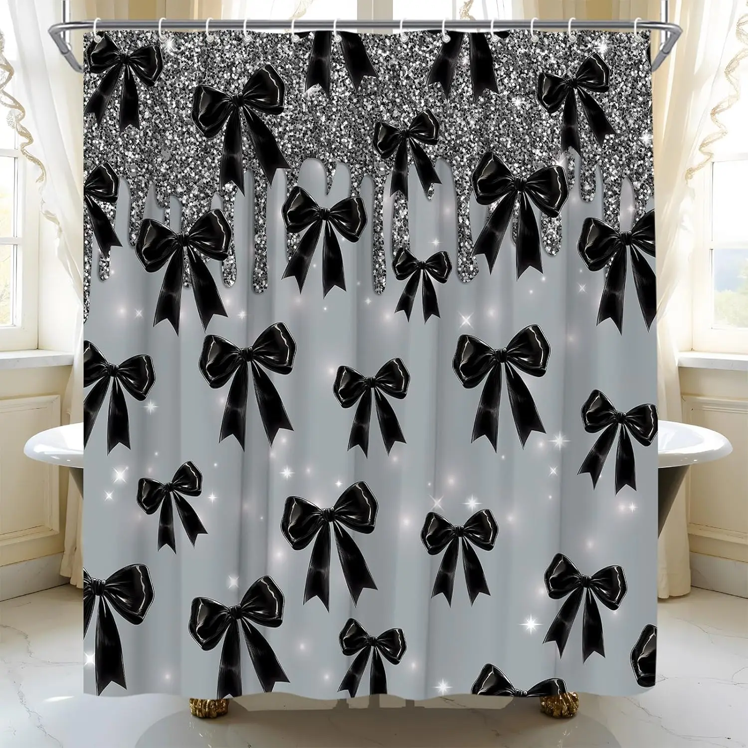 Black Bow Shower Curtain Fashion Girly Grey Shimmer Sequins Bowknot Dreamy Party Fabric Bathroom Curtain Set with Hooks