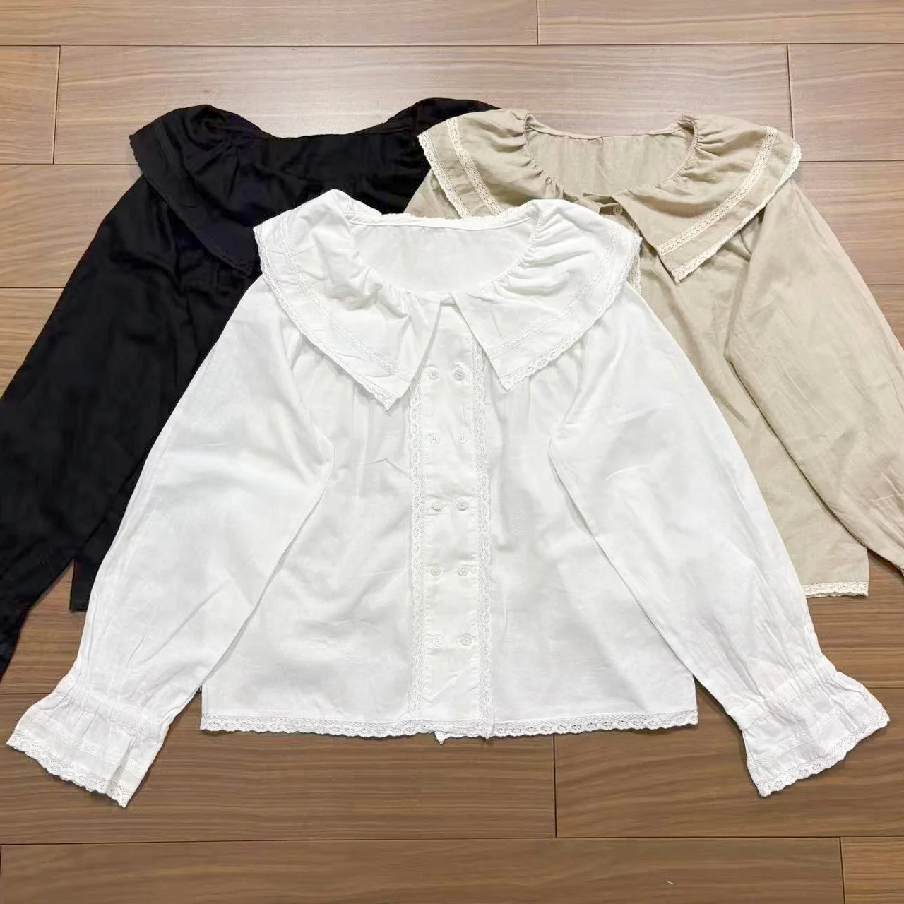 

Sweet Style Cotton Linen Long Sleeve Shirt Women's Spring New Double Button Lotus Leaf Collar Gauze Shirt High Waist Regular Fit