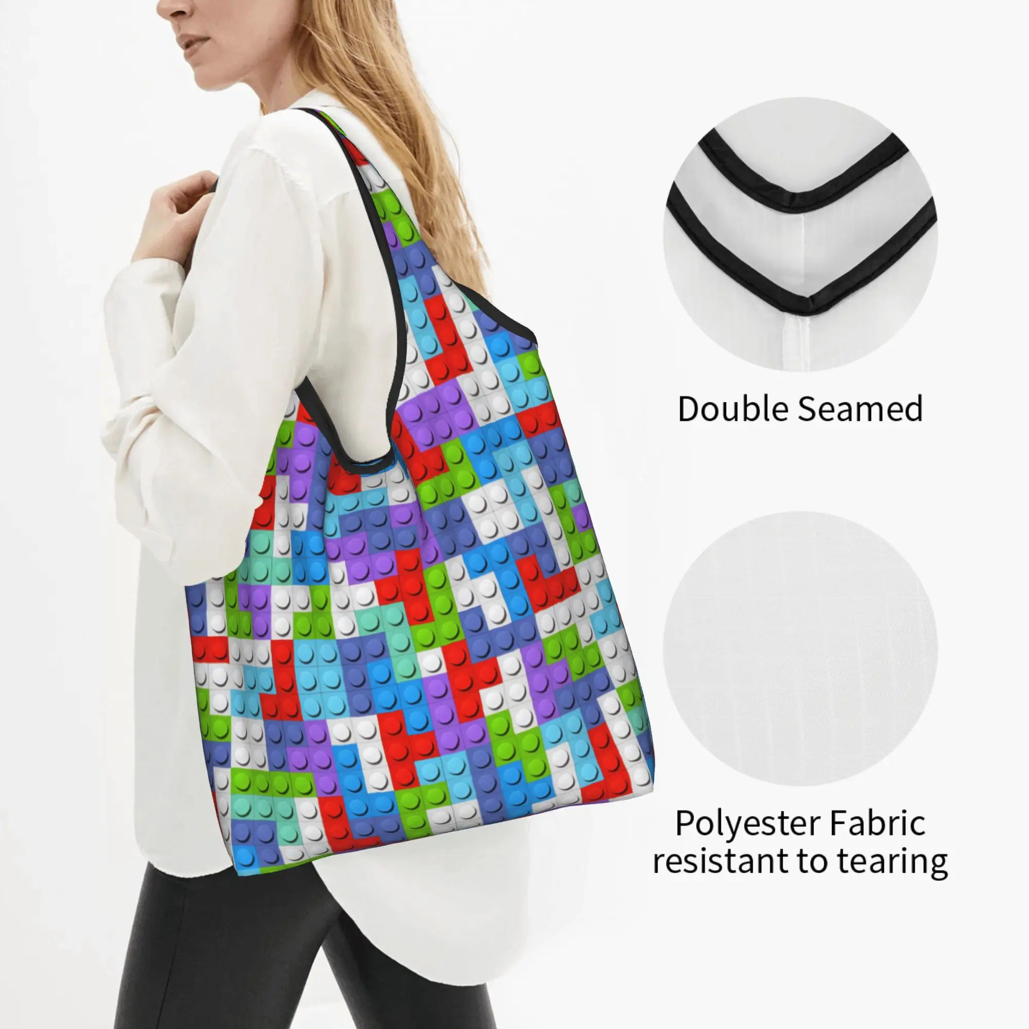 Recycling Blocks Colorful Building Seamless Pattern Shopping Bag Women Tote Bag Portable  Groceries Shopper Bags