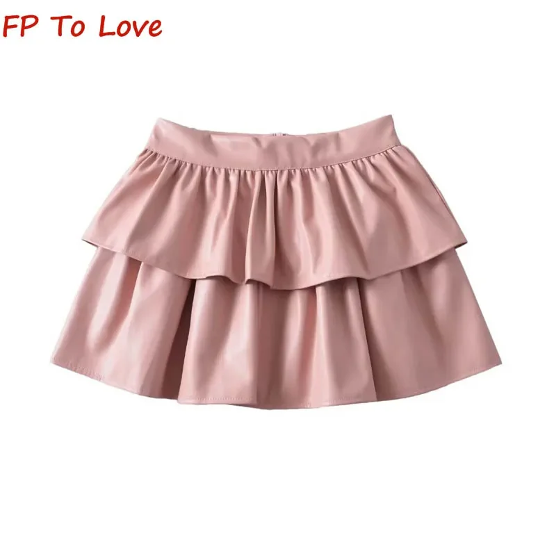 High-waisted Double A-line Fluffy Pod Pleated PU Half-body Skirt Street Spice Girls Leather Anti-Shine Skirt