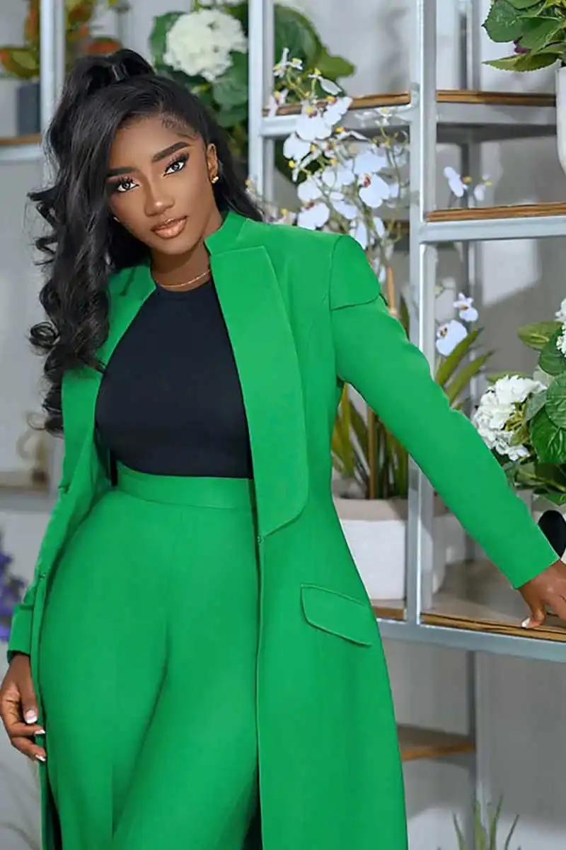 تصميم زر واحد المرأة تكلفة واسعة الساق بانت فضفاض جيب السترة أزياء 2 قطعة الدعاوى مخصص حفلة موسيقية وتتسابق