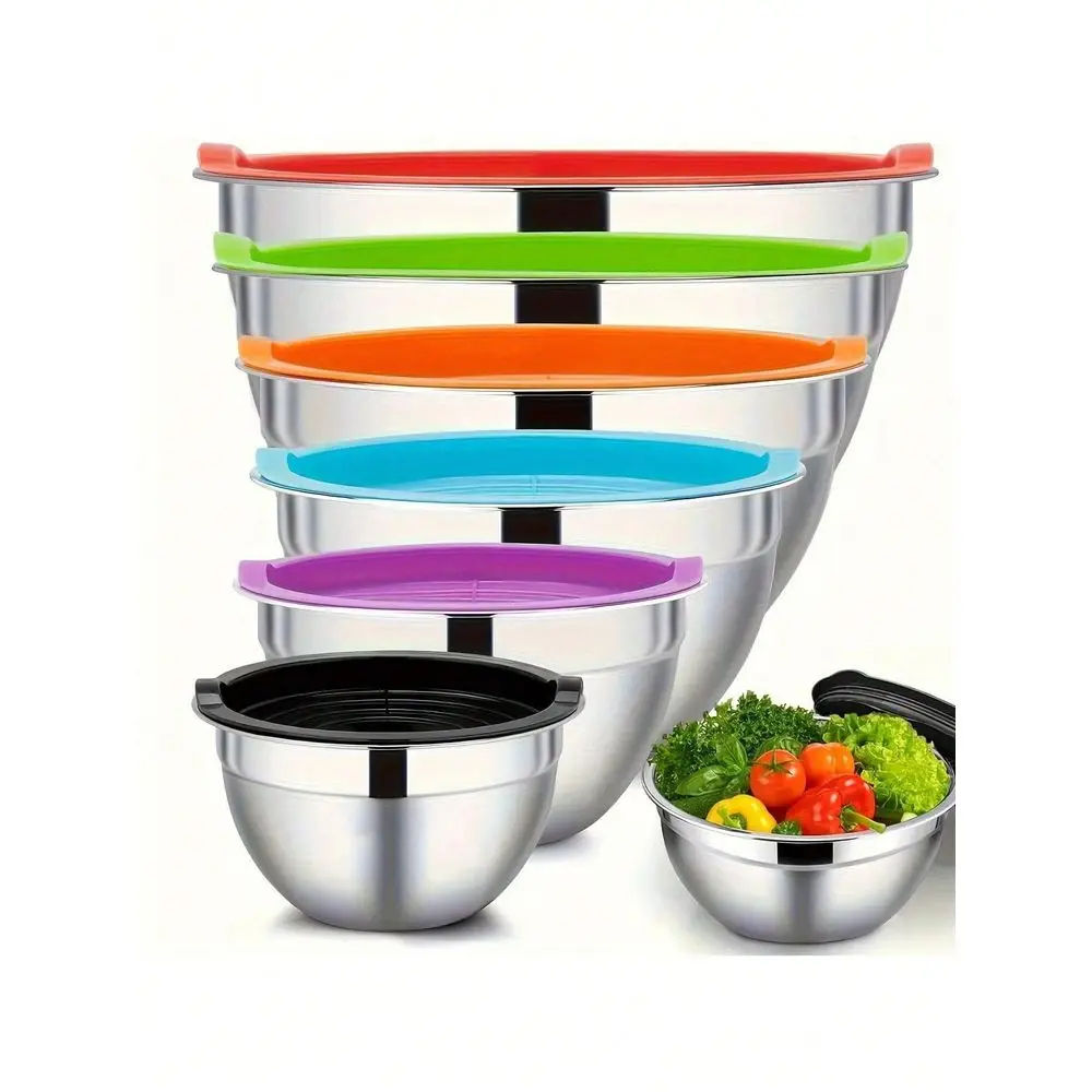 

7 Piece Mixing Bowls With Lids For Kitchen, Stainless Steel Mixing Bowls Set Ideal For Baking, Prepping, Cooking And Serving Fo