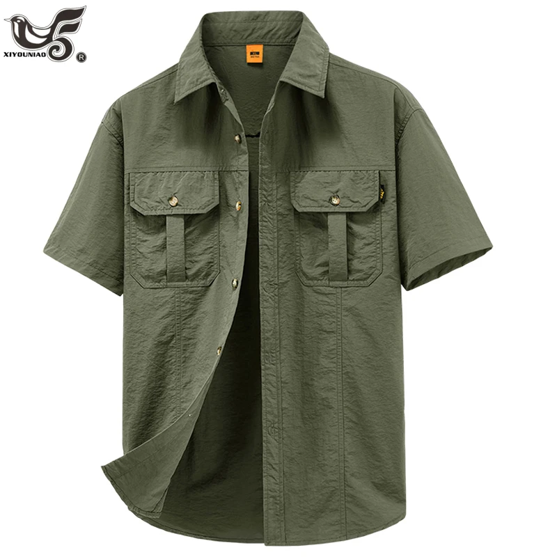Summer Tactical Polo Shirts Men Quick Dry Short Sleeve Cargo Shirts Casual Breathable Multi-pocket Hiking Fishing Work Shirts
