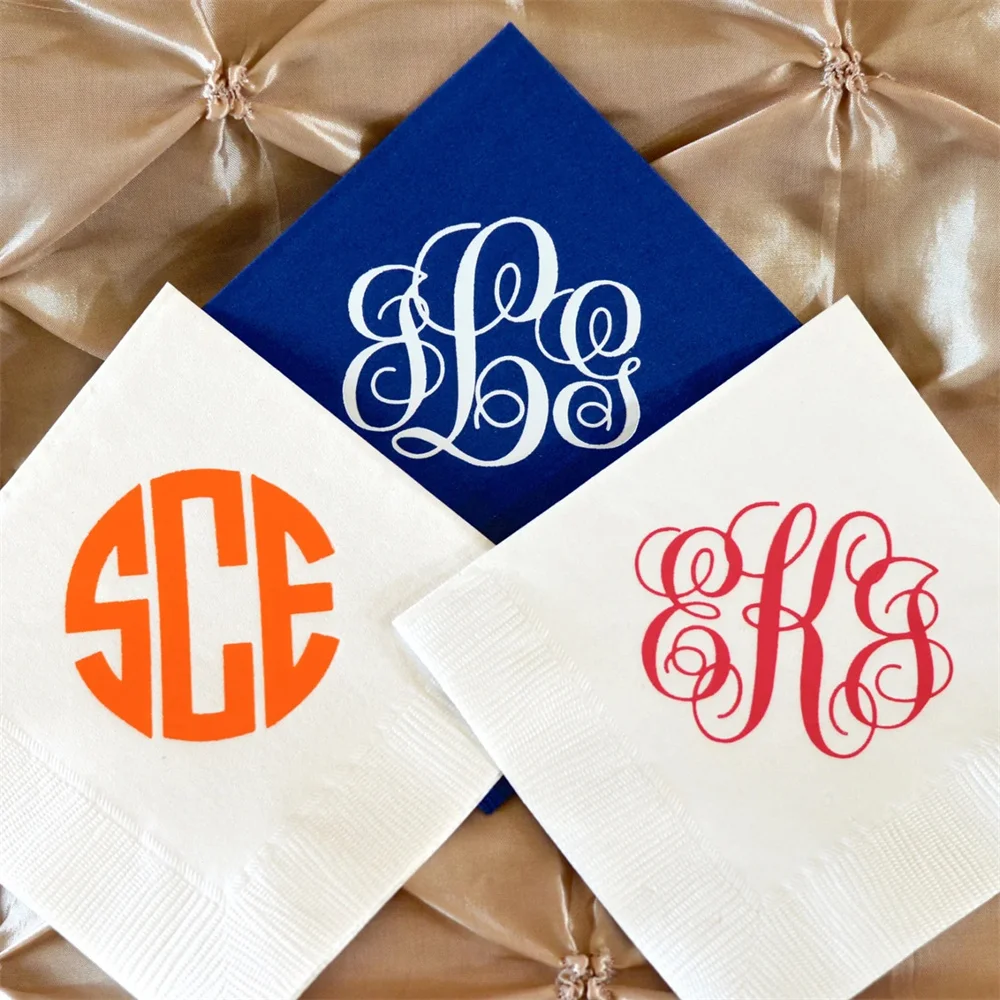 50PCS Personalized Monogram Wedding Napkins, Custom Napkins, Monogrammed Beverage Napkins, Foil Printed Napkins, Bar Napkins, Co