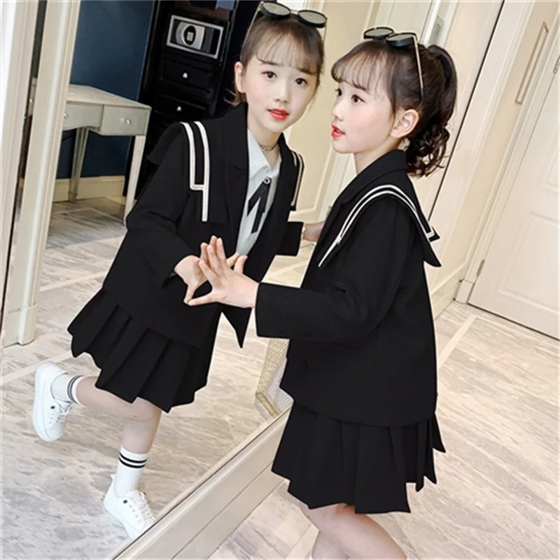 

Kids Suit Sailor Color Tops Jacket Skirt College Style Fall Spring Korean Fashion Toddler Baby Children First Communion Child