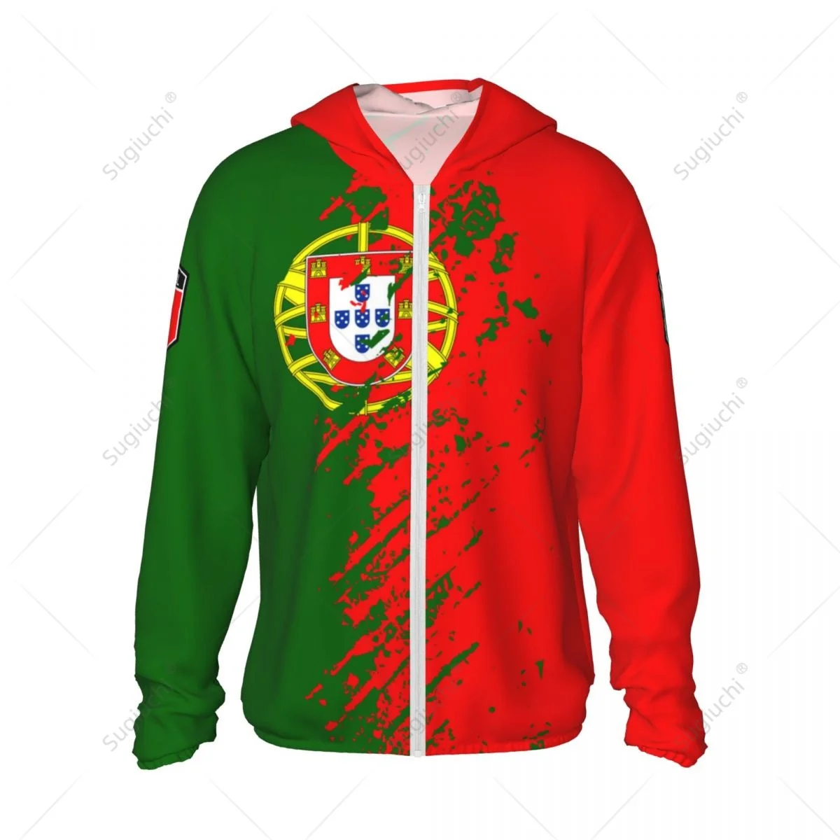 Hoodie de Poliéster com Zíper, Manga Comprida, Proteção Solar, Roupa Protetor Solar, Secagem Rápida, Pesca, Ciclismo, Corrida, Bandeira de Portugal