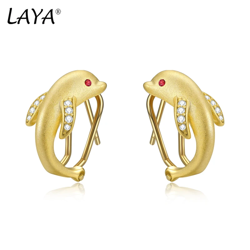 LAYA Real 925 Sterling Silver Shining Zircon Dolphin Creative Handmade Animal Fine Jewelry Stud Omega Earrings For Women