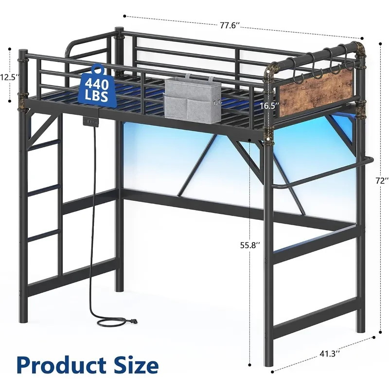 Twin Size Loft Bed with LED Lights and Charging Station Industrial Heavy Duty Metal Loft Bed Frame with Ladder and Guardrail