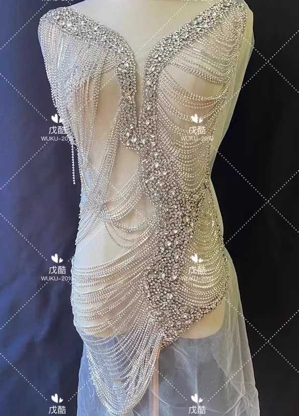 Heavy rhinestone wedding dress chain tassel crochet applique hand beaded embroidery flower