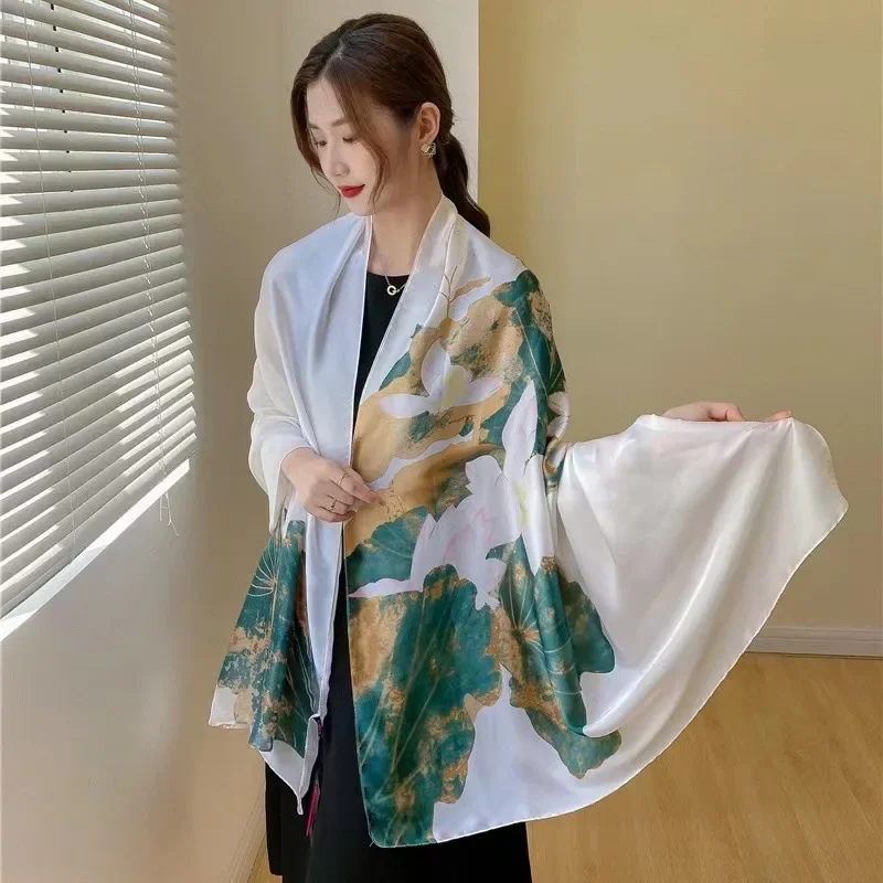 Spring Summer Autumn New Chinese Style Flowers Elegant and High Simulation Silk Scarf Women\'s Decorative Shawl Sunscreen Beach