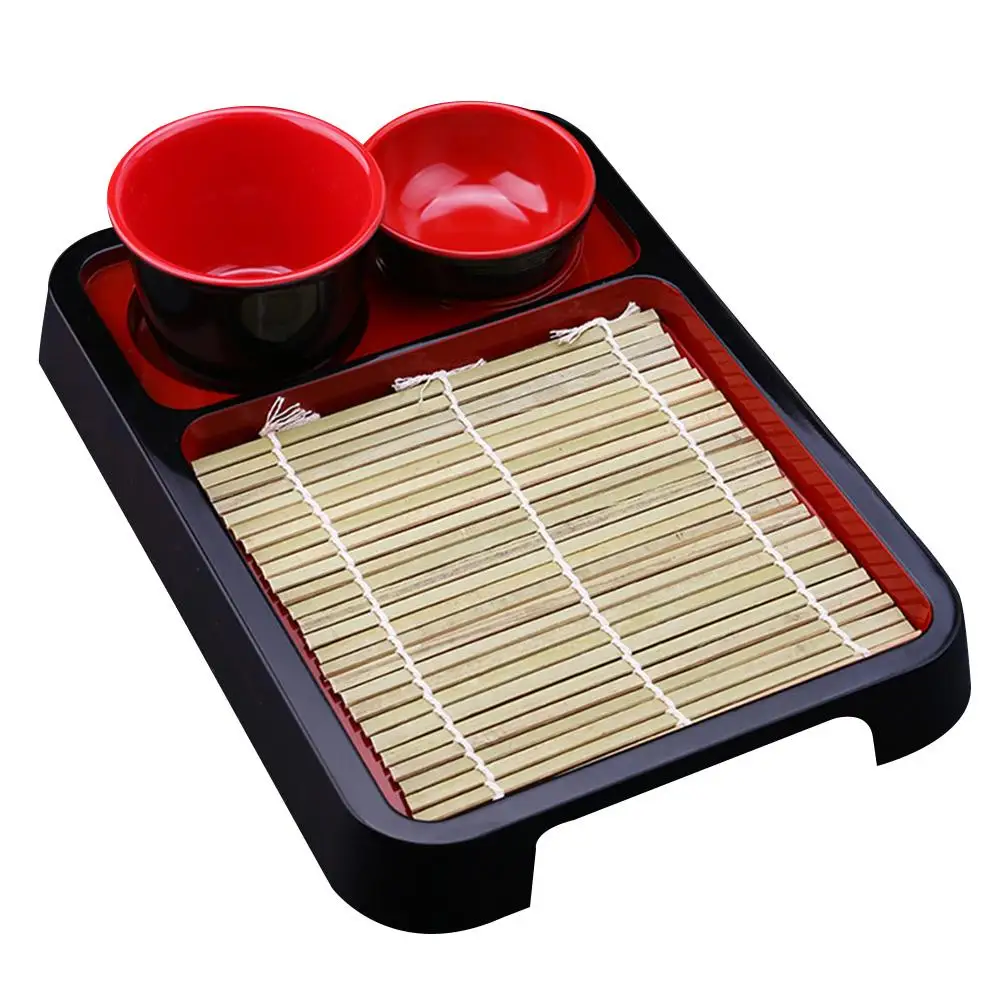 

Cold Noodle Soba Tray Bamboo Mat Black Japanese Kit Food Plate With Bamboo Mat Food Display Plastic Dining Tableware Set