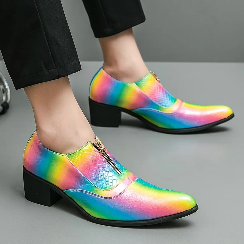 

Rainbow Pointed Men's High Heel Shoes Comfort Leather Men Social Shoes Zip Design Wedding Shoes Men Party Shoes zapatos hombre