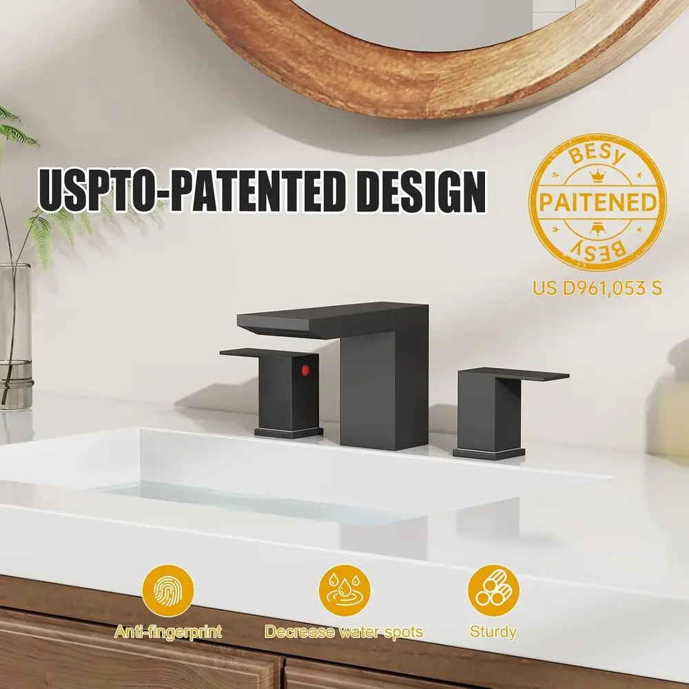 8 صنبور حوض حمام أسود غير لامع بثلاث فتحات على نطاق واسع مع صنبور شلال، مقابض مزدوجة، خراطيم CUPC، استنزاف منبثق، ستانلس ستيل #3