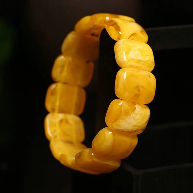 Pulsera de ámbar Natural, brazalete ancho de cera de abejas para hombres y mujeres, joyería fina de piedras preciosas curativas, pulseras elásticas de ámbar de mantequilla Báltica genuina