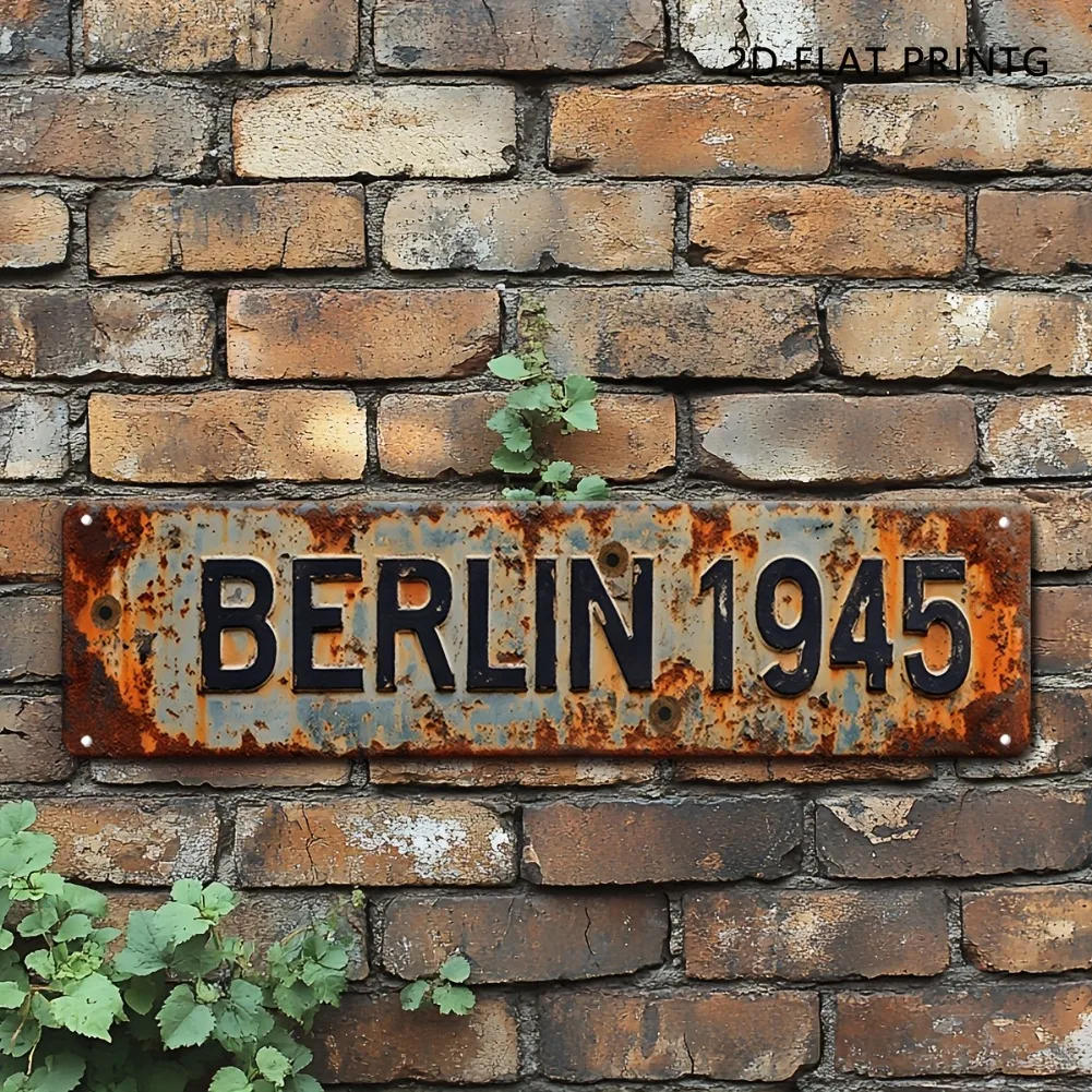 2D Flat, 1pc Vintage Military Tin Sign - Berlin 1945 WWII Landmark Aluminum Wall Art (15.7"x3.9") Weather-Resistant Outdoor