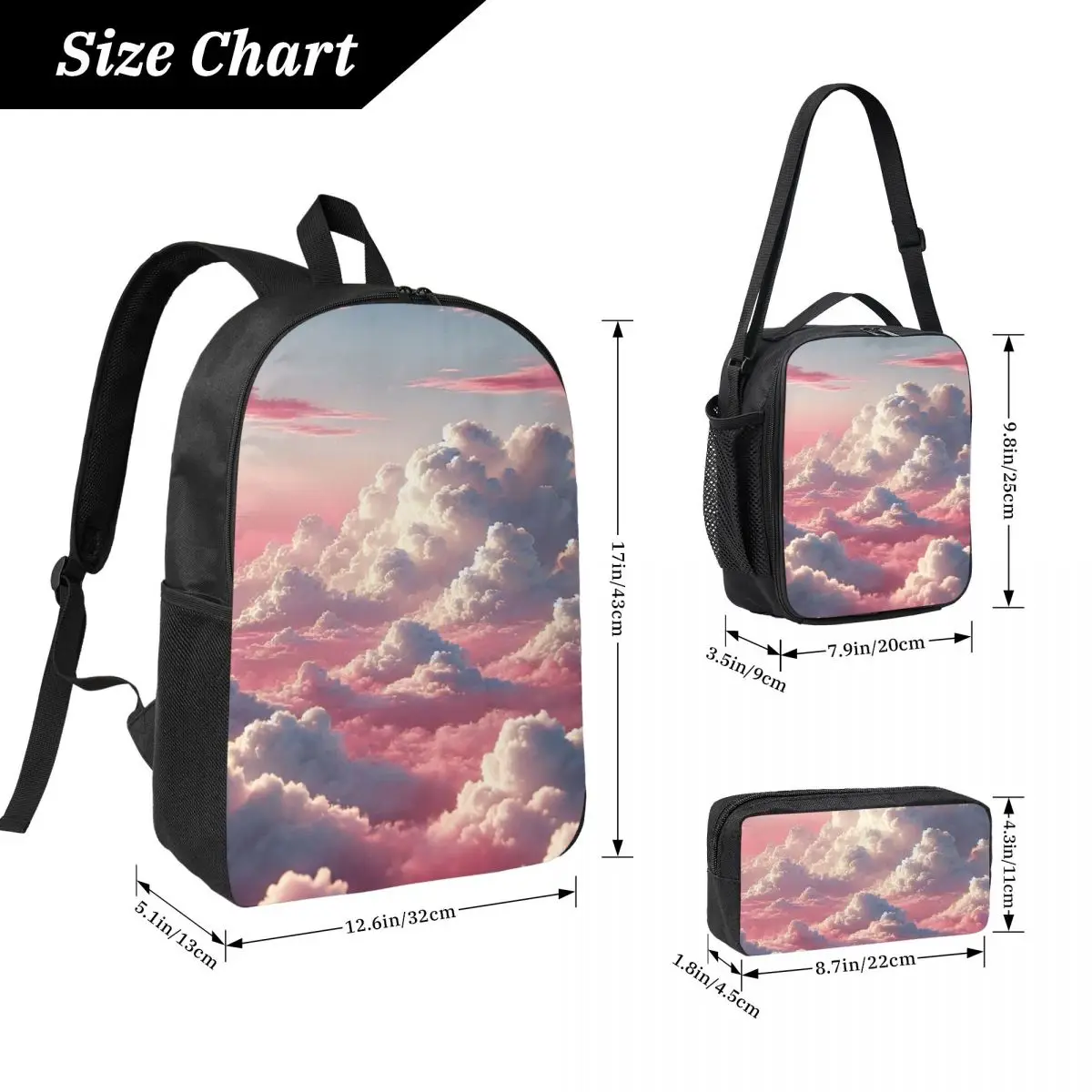 Pink Clouds Sky Large Sunset Glow Backpack Student BookBag School Bag Computer Shoulder Bags 3ps Insulated Lunch Bag Pencil Case