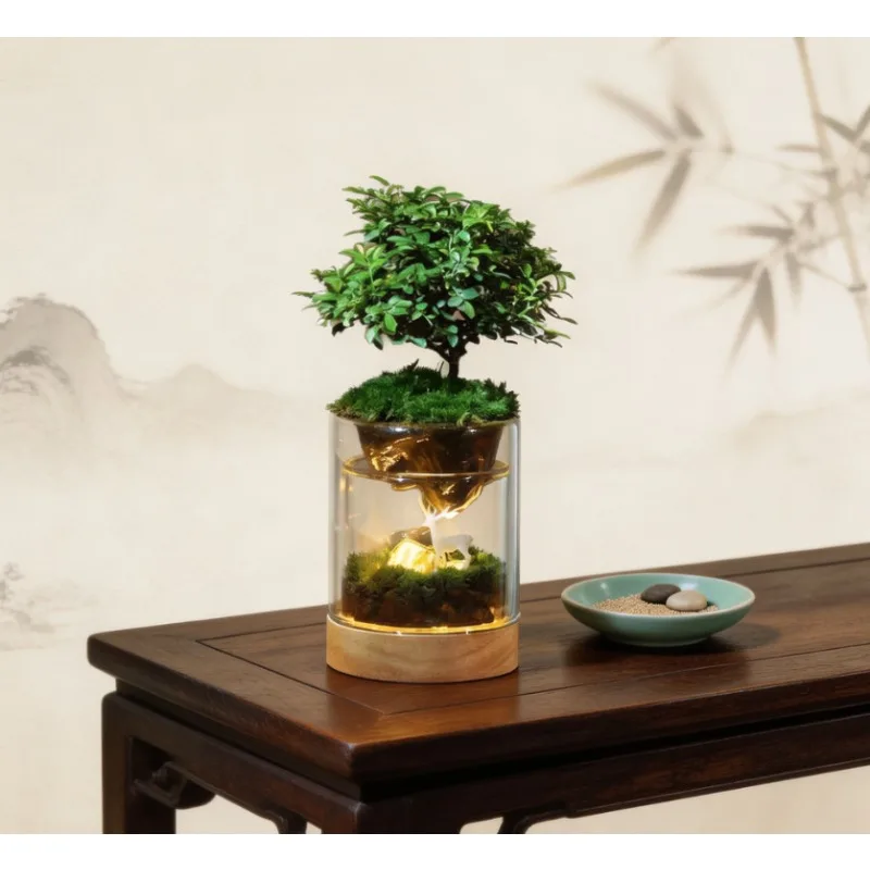 USB High Borosilicate Glass Mountain View Moss Micro Landscape Lamp Chinese Zen Bonsai Night Light for Office Home Bedroom