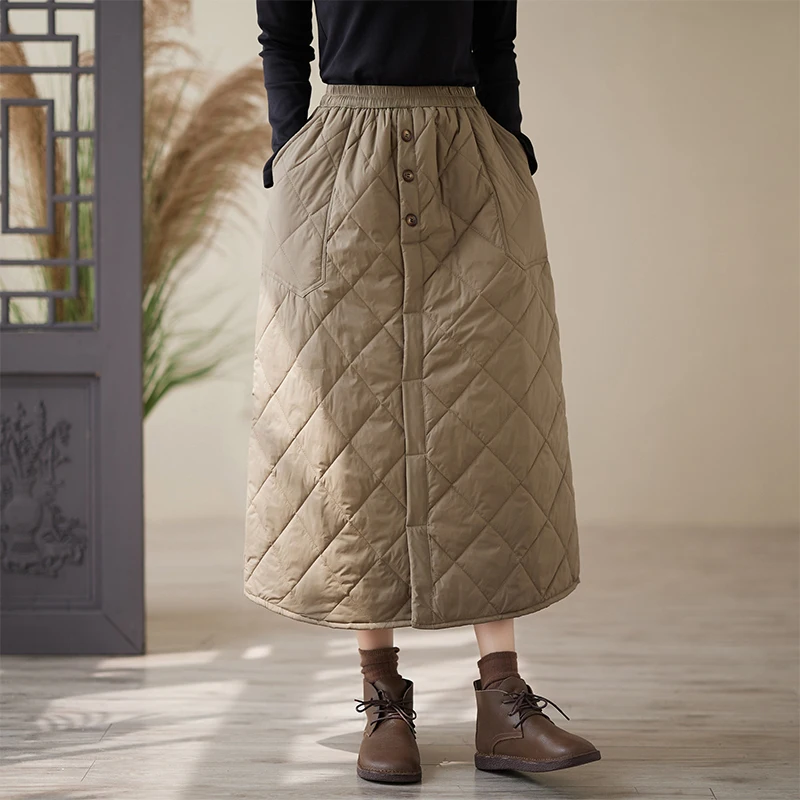 

2024 New Arrival Winter Arts Style Women Casual A-line Mid-calf Skirt All-matched Warm Thickened Elastic Waist Skirts V188