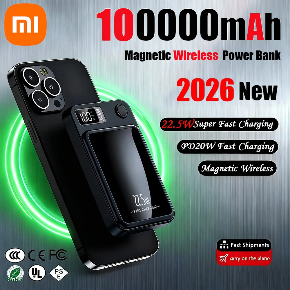 Xiaomi-Banco de energĂa inalámbrico magnĂ©tico de 100000mAh, cargador rápido para baterĂa auxiliar portátil Magsafe para iphone, Huawei y Samsung