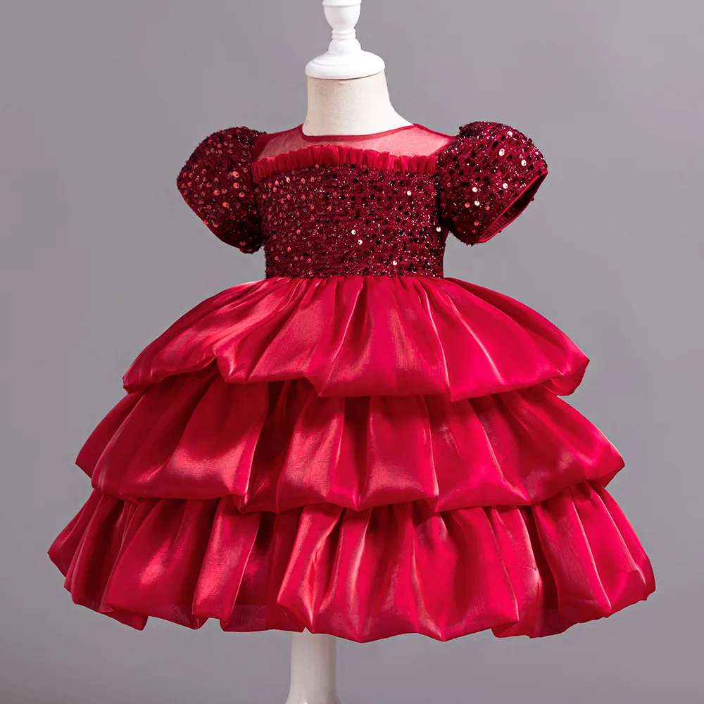 ELBCOS 2-8Y Girls Sequin Lantern Short Sleeves O-neck Tiered Cake Skirt Costumes Baby Full Dress