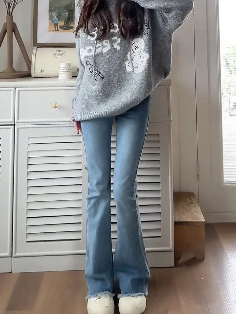 Azul desgastado bainha sino bot jeans feminino primavera outono novo tamanho grande gordura mm cintura alta emagrecimento quadril cobrindo elástico sino l...