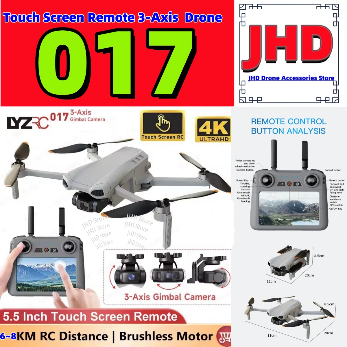 

JHD для 2025 года, новый профессиональный дрон LYZRC 017 GPS с камерой 4K HD, сенсорным экраном, 3-осевым подвесом EIS, складной дрон FPV с защитой от сотрясений