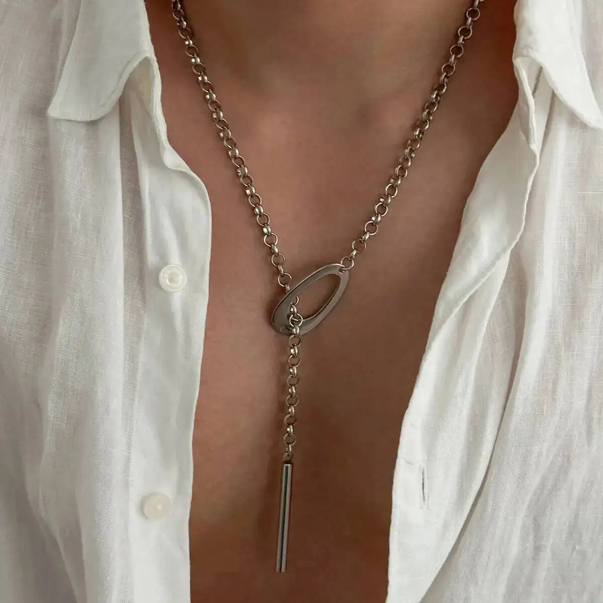 SHIXIN Punk Long Bar Silver Color Pendant Women Men Vintage Y-Shaped Creative Chunky Adjustable Clavicle Chain Jewelry Accessor