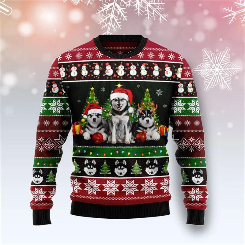 

New 3D Printed Christmas Elements Sweater For Men Women Cute Husky Pattern Print Ugly Sweatshirt Clothes Casual Xmas Sweater