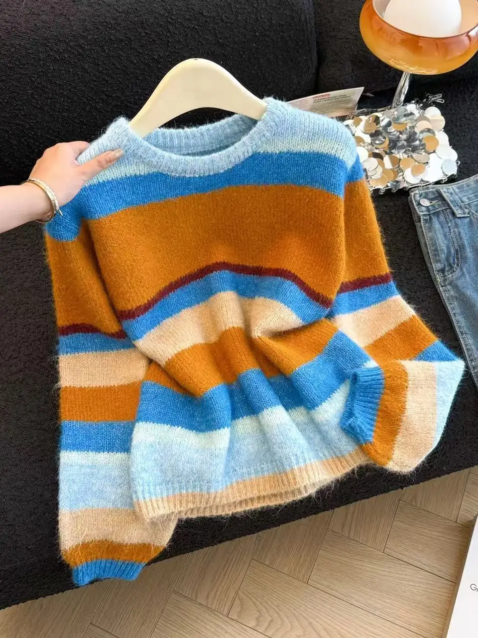 

Корейский женский свитер в полоску с длинными рукавами, осенне-зимний, больших размеров, модный топ для создания молодежного образа