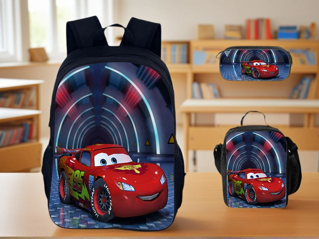 Cars Cute Book Bag+Reusable Lunch Tote+Pencil Box 3Pcs Set,Unisex Kid Lightweight Backpack Casual Knapsack