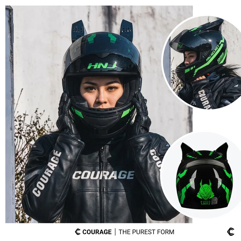 Ventilated Full Face Motorcycle Helmet with Removable Horn Accessories, Cool Black Green Summer Helmet for Electric Scooter