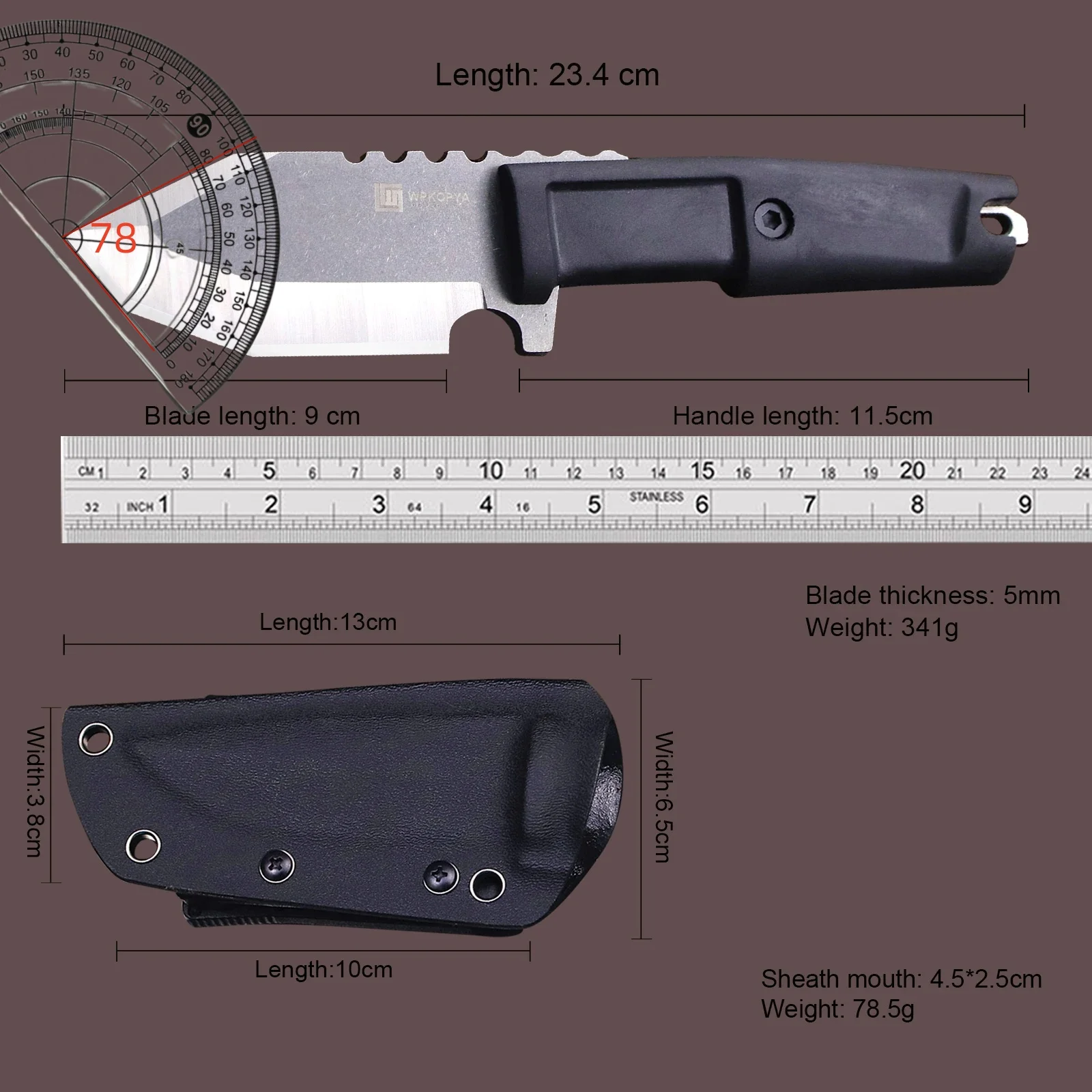 WPKOPYA (EUA) Faca tática fixa de uma peça espessada de 9,4 polegadas, adequada para camping, caminhadas, caça e EDC manual