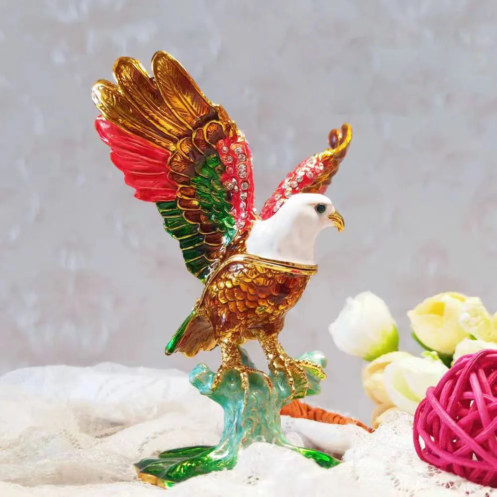Crystal Bejeweled Eagle Trinket Box Hinged Unique Jewelry Organizer Ring Storage Classical Bird Figurine Home Decor Collectible