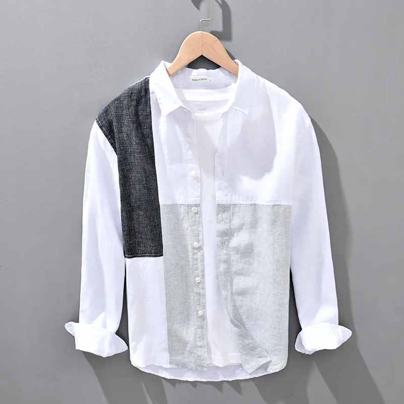 2023 Korean Style New Men's Pocket Patchwork Linen100% Shirts Long Sleeve Loose Casual Men High Street Breathable Thin Clothes