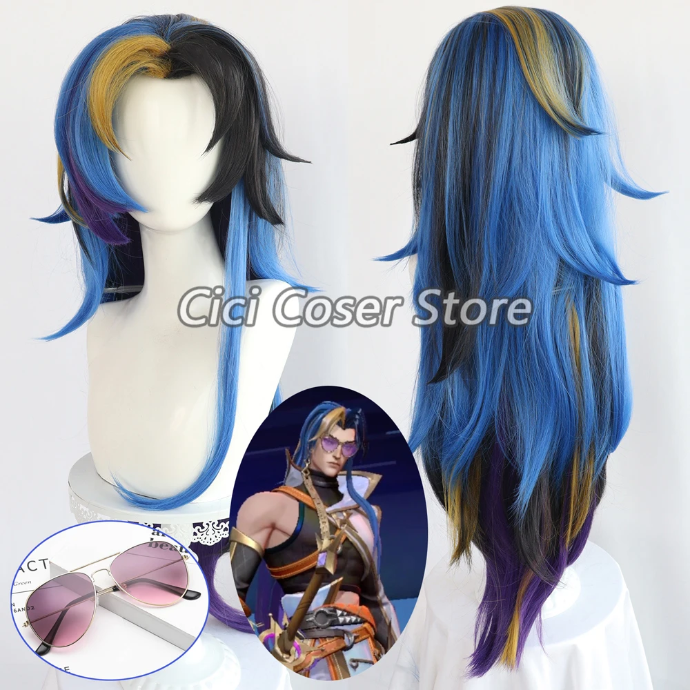 Game LOL Heartsteel Cosplay Yone Prestige Wig Synthetic Blue Highlights Hair Men Halloween Party Carnival Roleplay Props Glasses