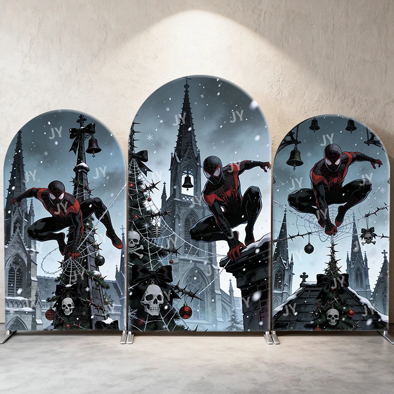 

Spiderman Dark Christmas Church Arch Backdrop Cover Gothic Festive Scene For Kids Birthday Baby Shower Photo Booth Background