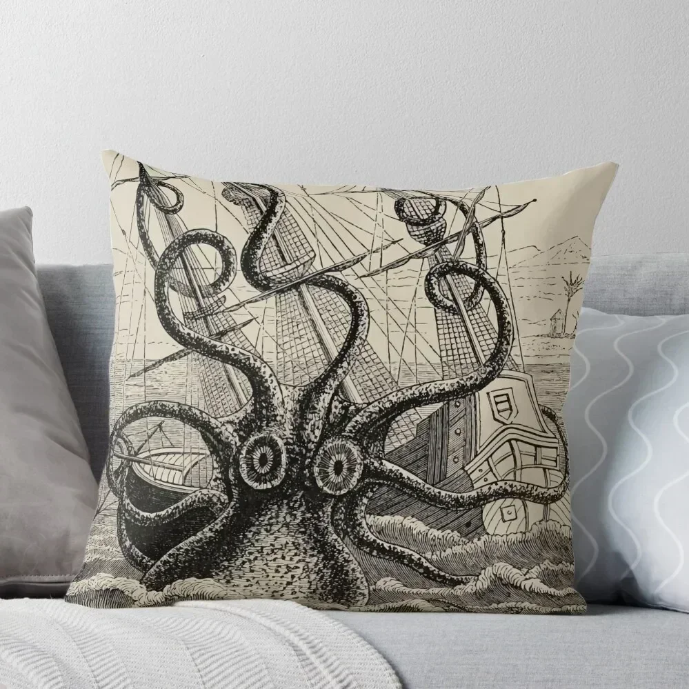 Vintage Kraken attacking ship illustration Throw Pillow Decorative Cushion luxury home accessories pillow